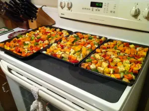 roasted vegetables ready for the oven