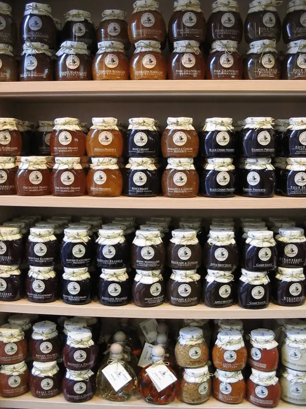 wall of jams and preserves