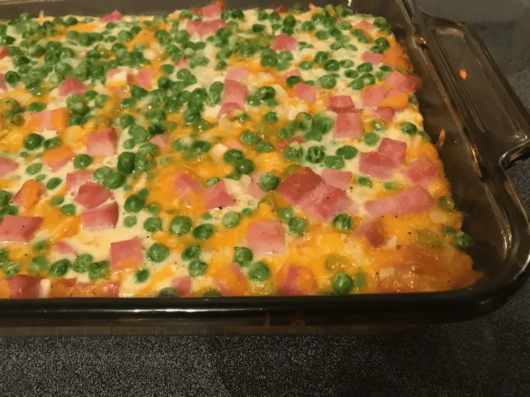 Cheesy Shredded Potato Casserole with Ham and Peas Vintage Cooking