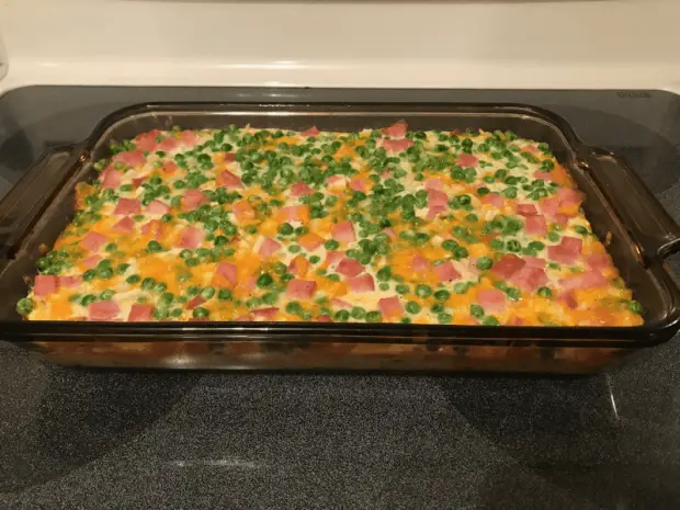 shredded potato casserole with ham cheese peas