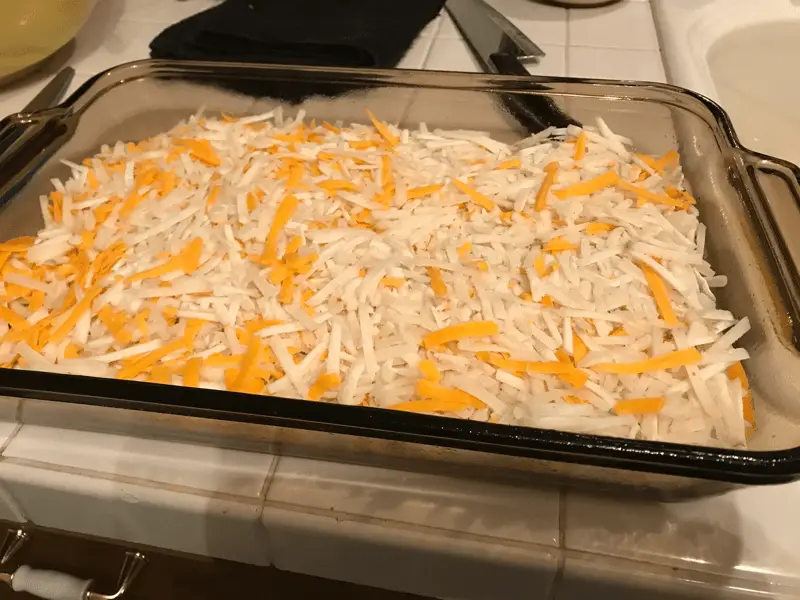 Cheesy Shredded Potato Casserole with Ham and Peas Vintage Cooking